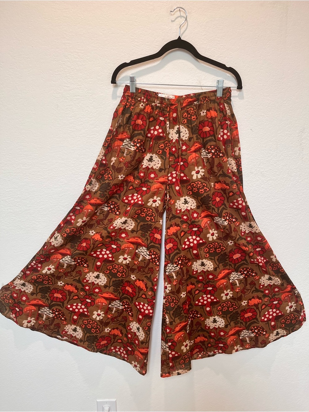 Fall Festive Wide-Leg Pants in Brown and Red Floral/Orange Mushroom Pattern